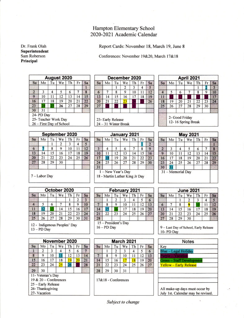 Calendar Hampton Elementary School