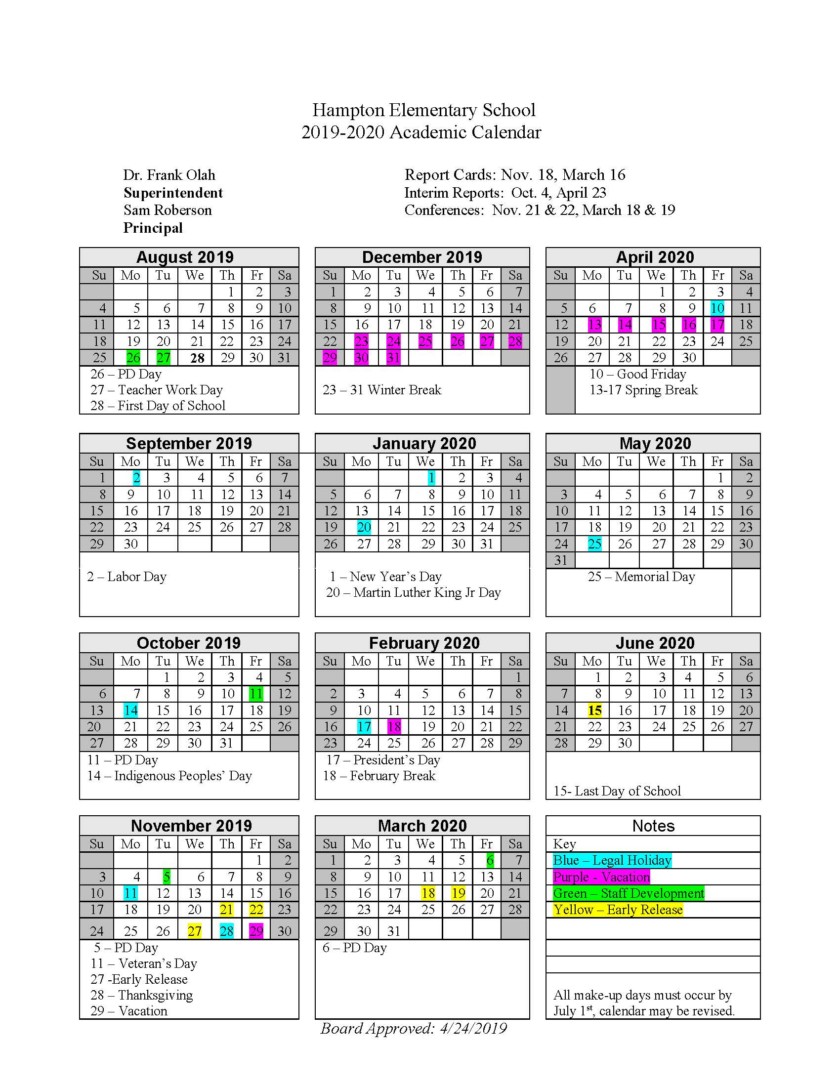 Calendar Hampton Elementary School 2 