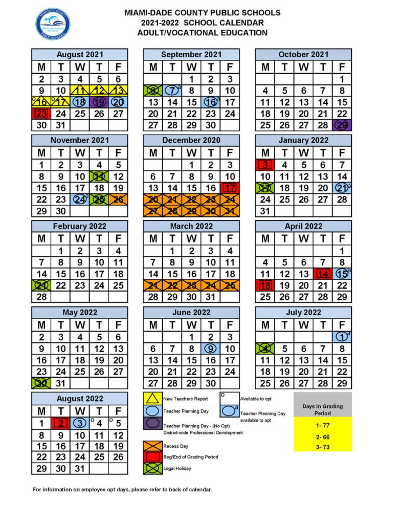 Calendario Escolar 2021 A 2022 Miami Dade 1