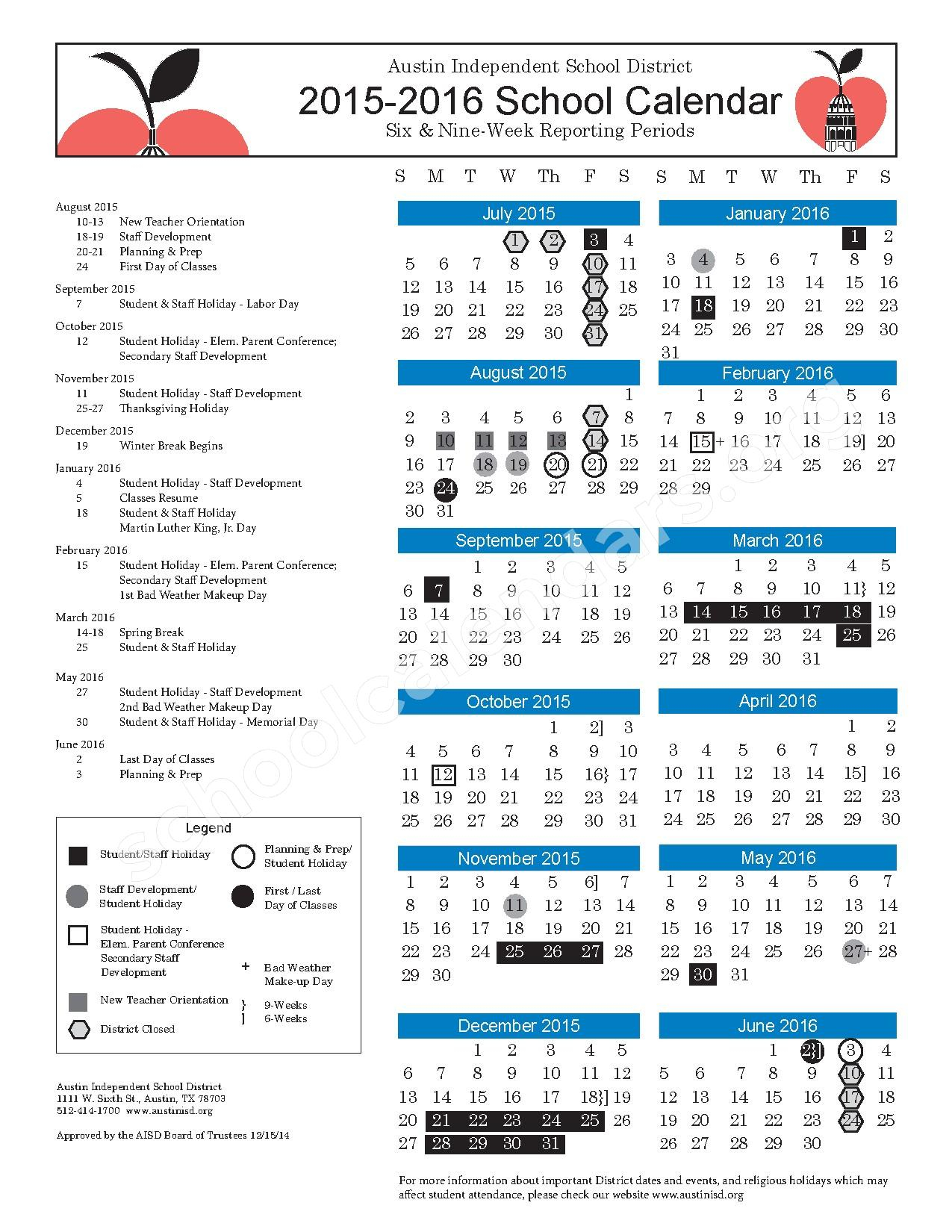 Casis Elementary School Calendars Austin TX