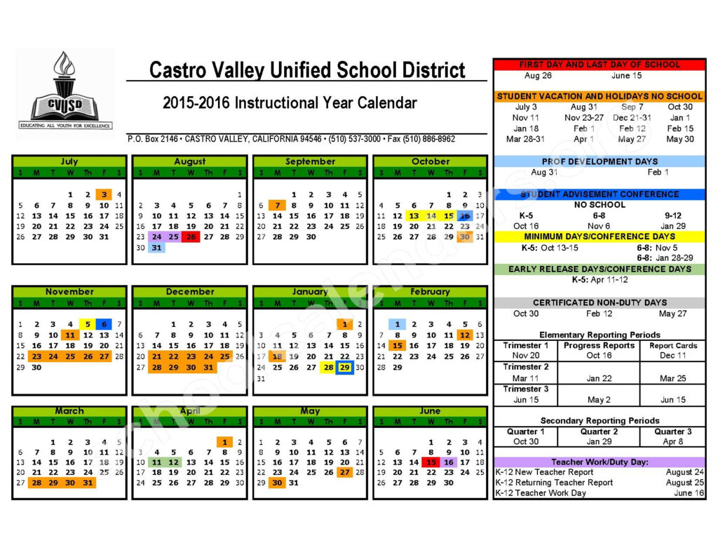 Castro Valley Unified School District Calendars Castro Valley CA