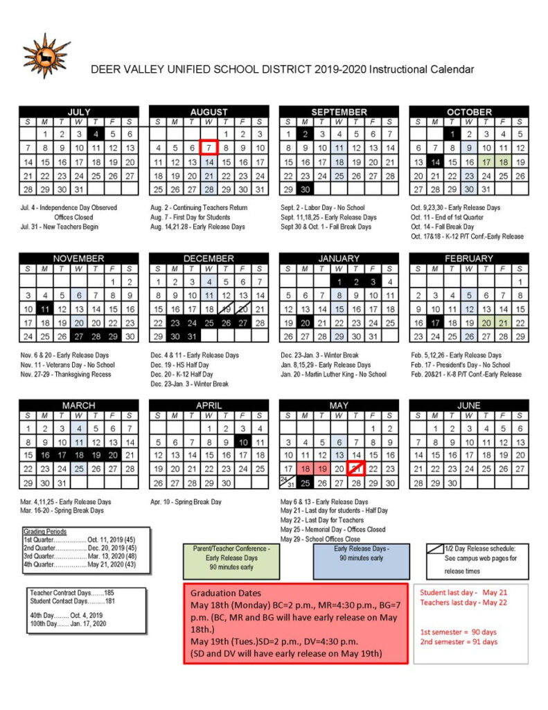 Deer Valley Unified School District Calendar Printable Calendar 2020 2021