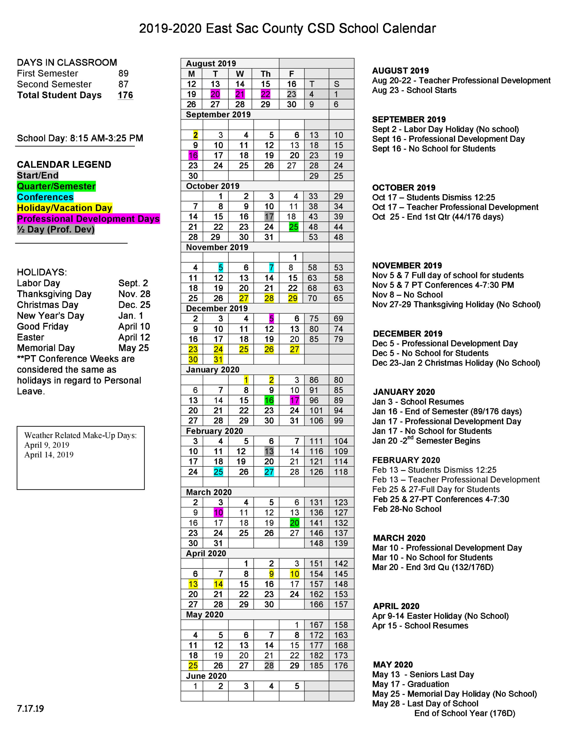 District 2019 20 Calendar East Sac County School District