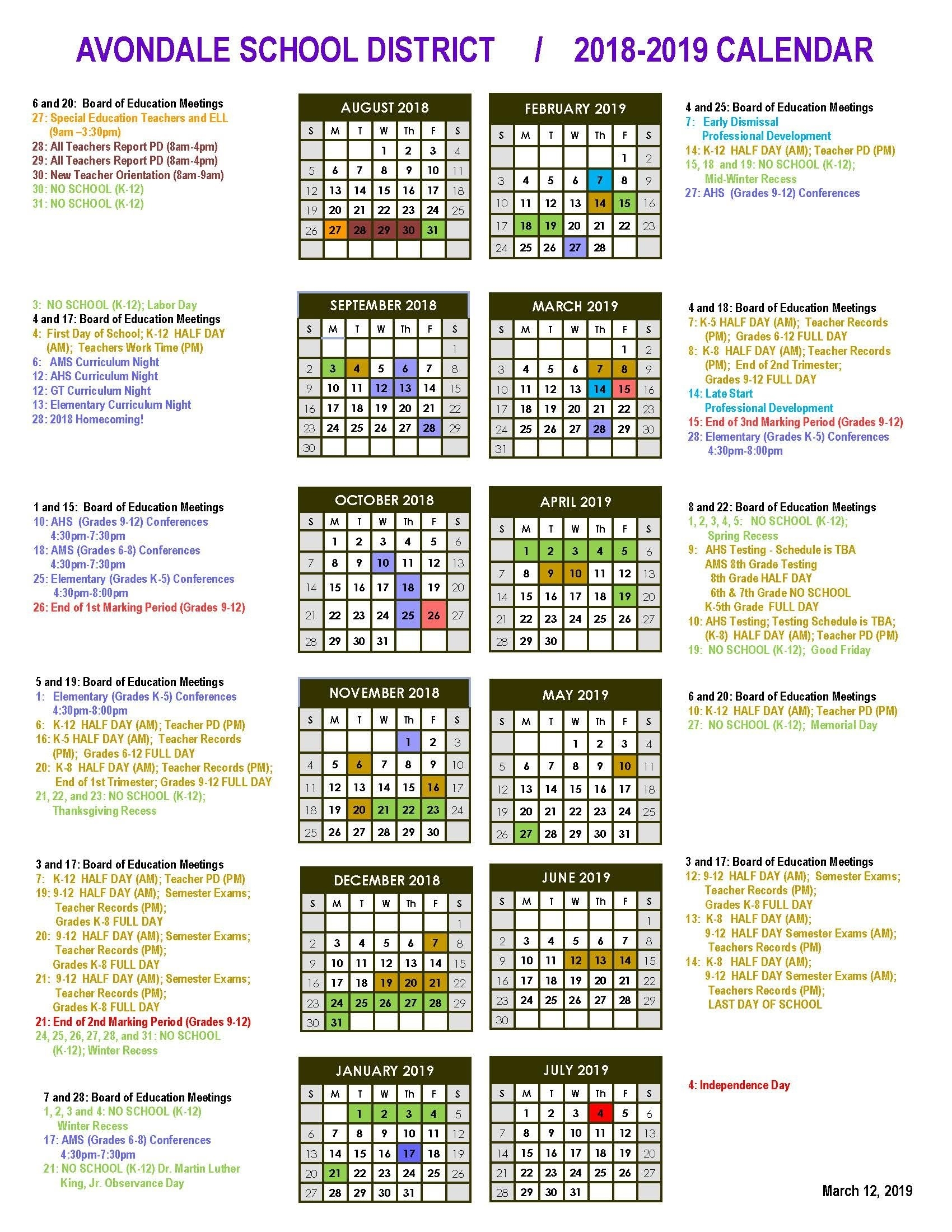 District Calendar Avondale School District District 8 School Calendar