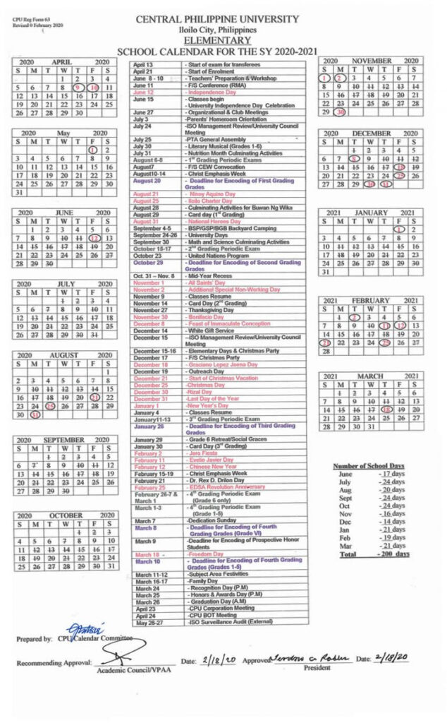 Elementary School Calendar Central Philippine University