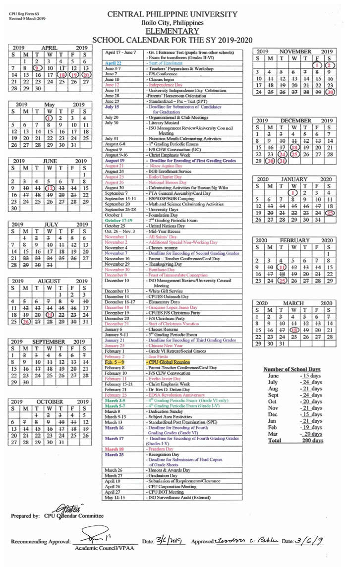 Elementary School Calendar Central Philippine University