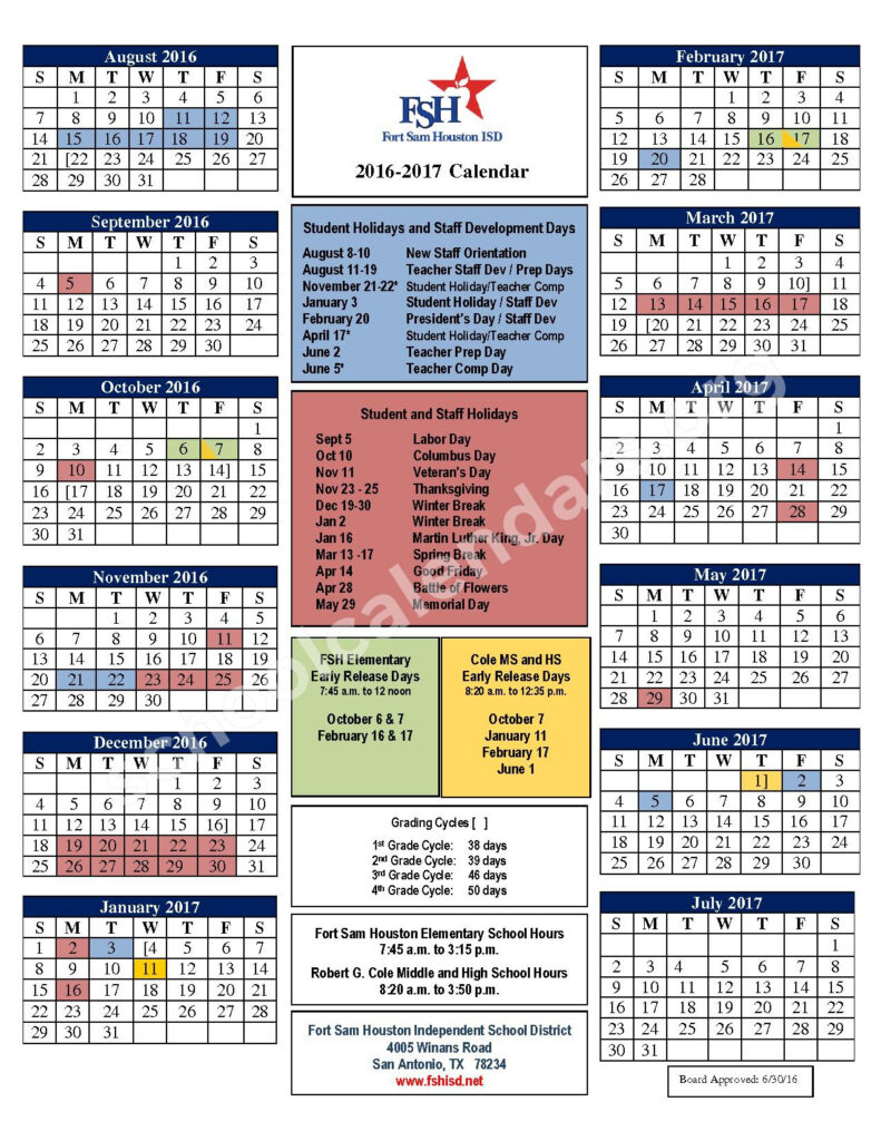 Fort Sam Houston Independent School District Calendars Texas