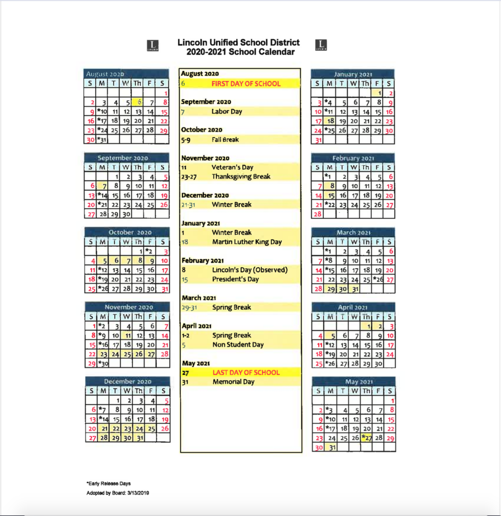 Fremont Unified School District Calendar 2020 2021 Printable 