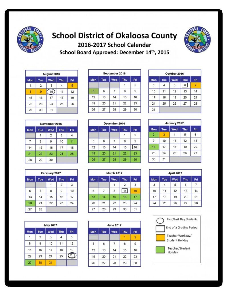 Impressive School Calendar Okaloosa County School Calendar Calendar 