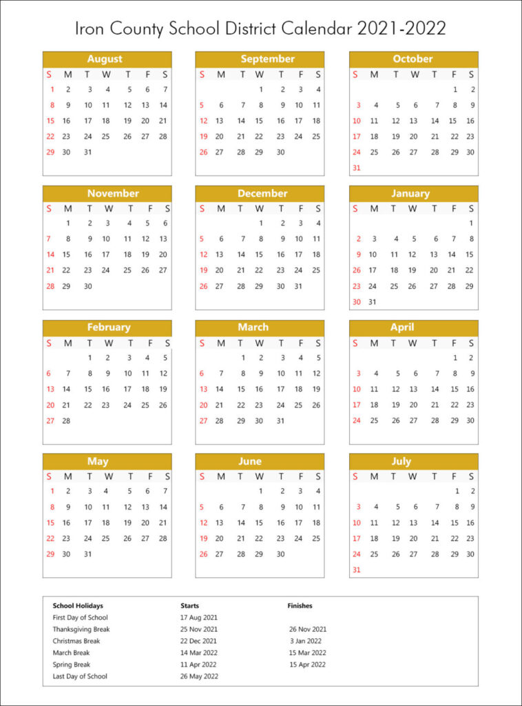 Iron County School District Calendar Holidays 2021 2022