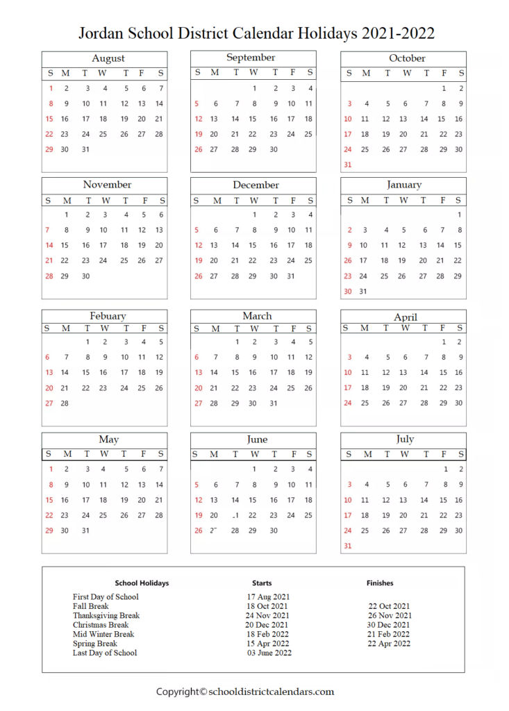 Jordan School District Calendar 2021 2022 With Holidays In PDF School 