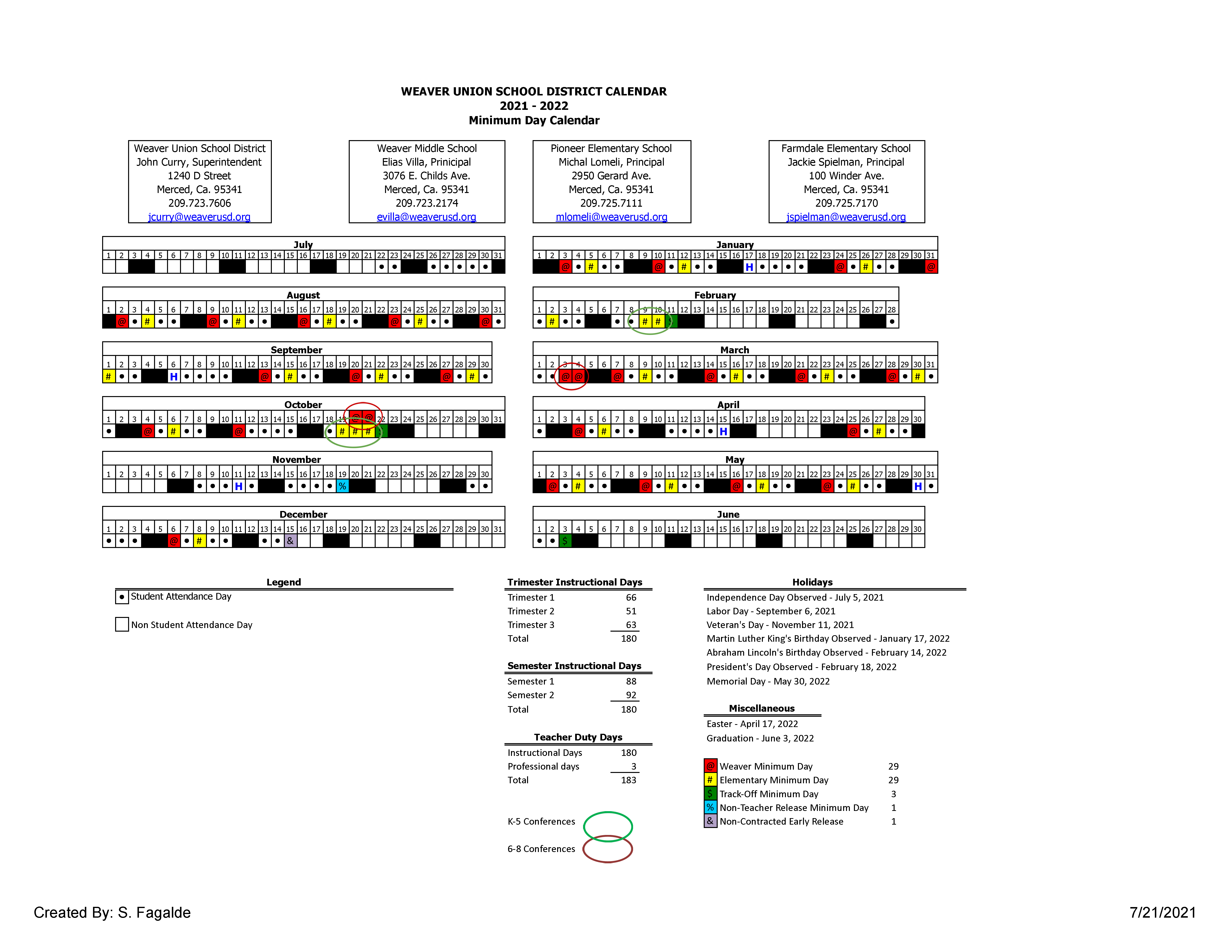 K Thru 8 Parent Student Calendar Weaver Union School District