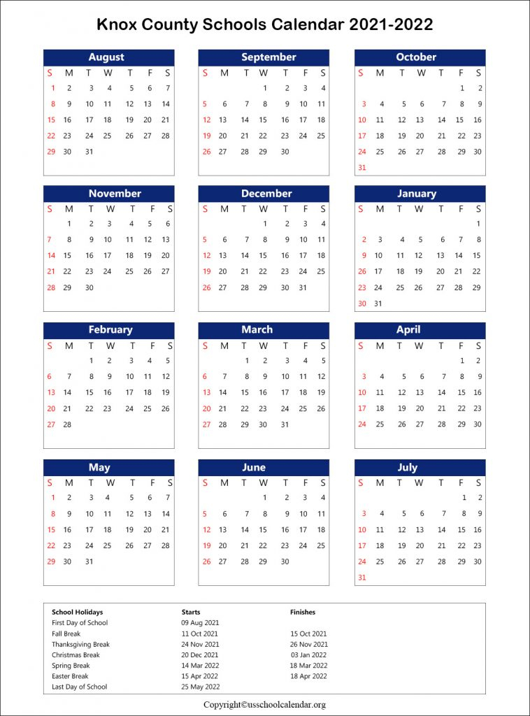 Knox County Schools Calendar With Holidays 2021 2022