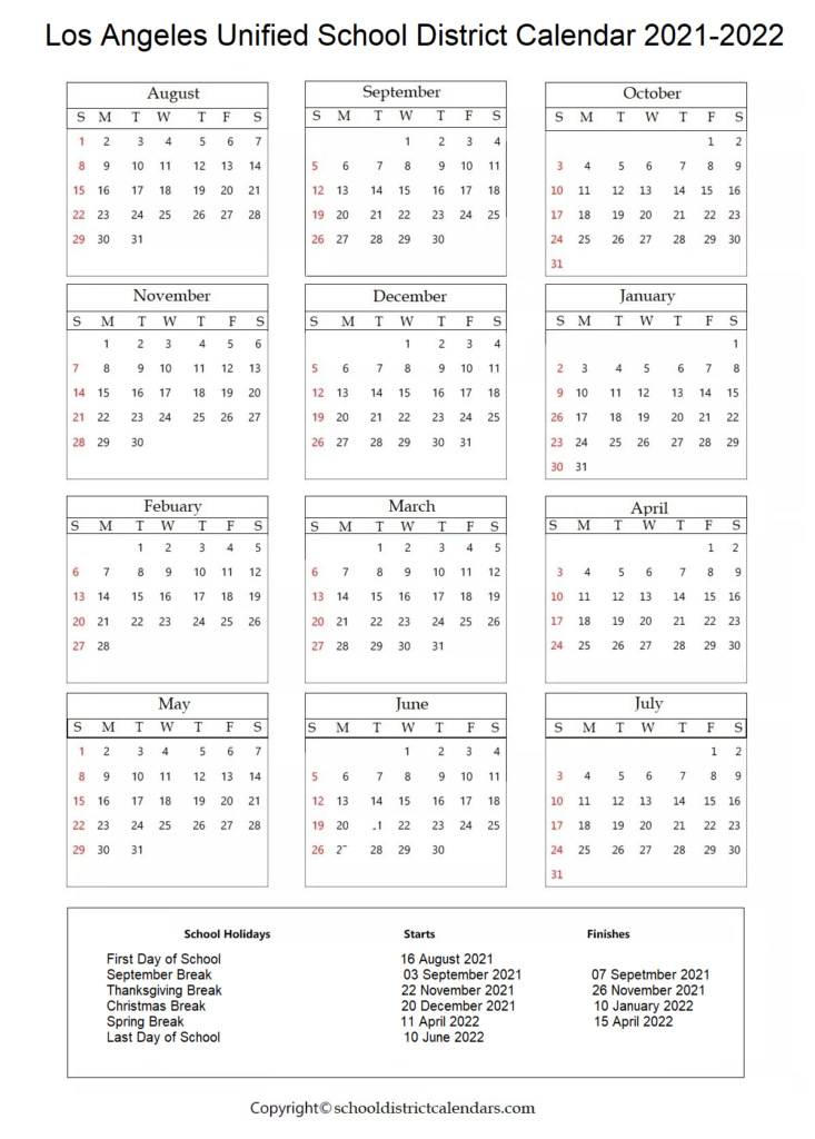 Los Angeles Unified School District Calendar 2021 2022 School 