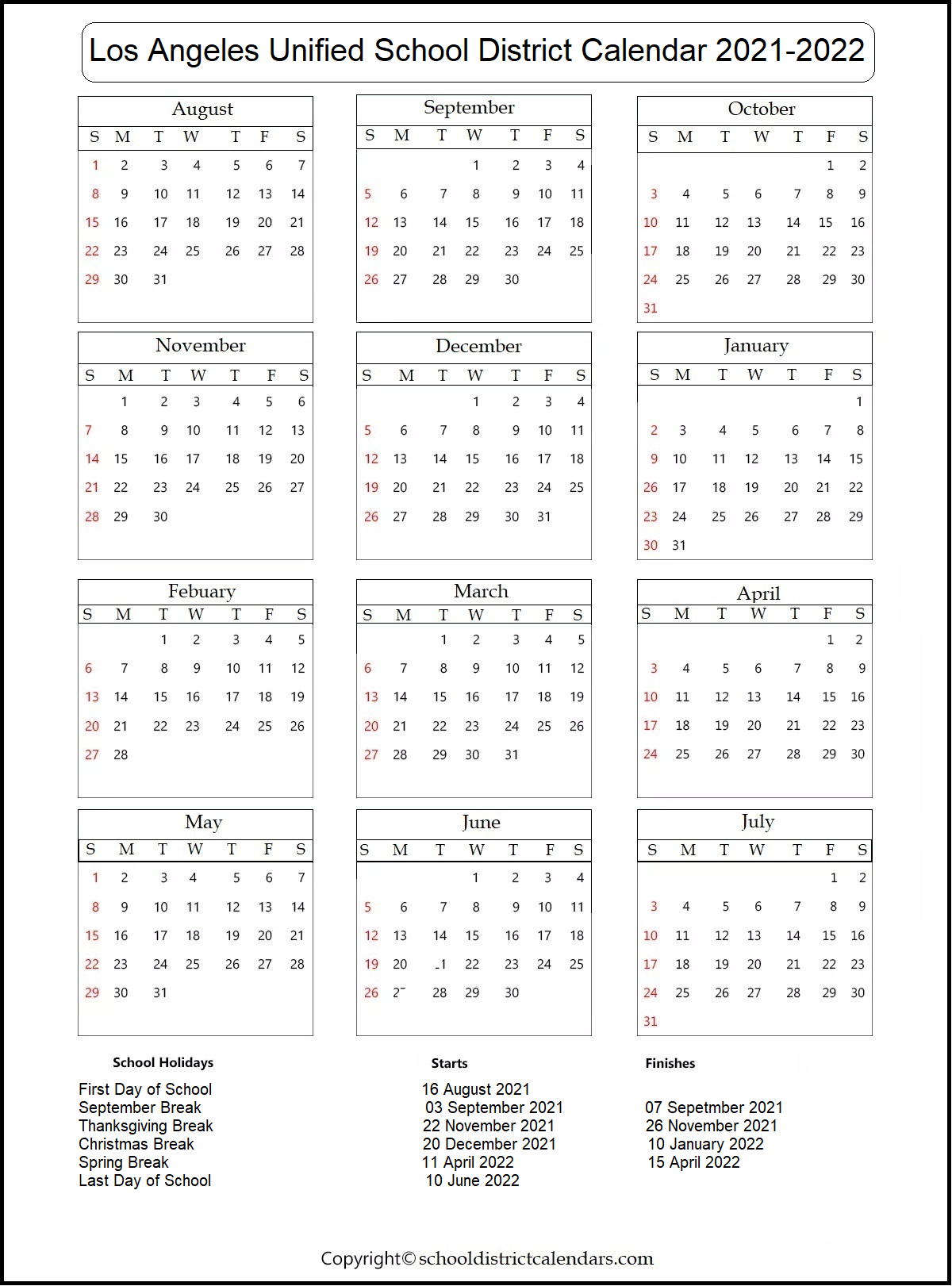 Los Angeles Unified School District Calendar 2021 2022 With Holidays