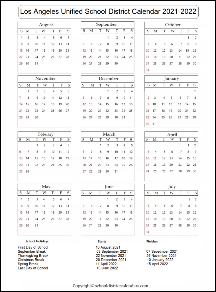 Los Angeles Unified School District Calendar 2021 2022 With Holidays 