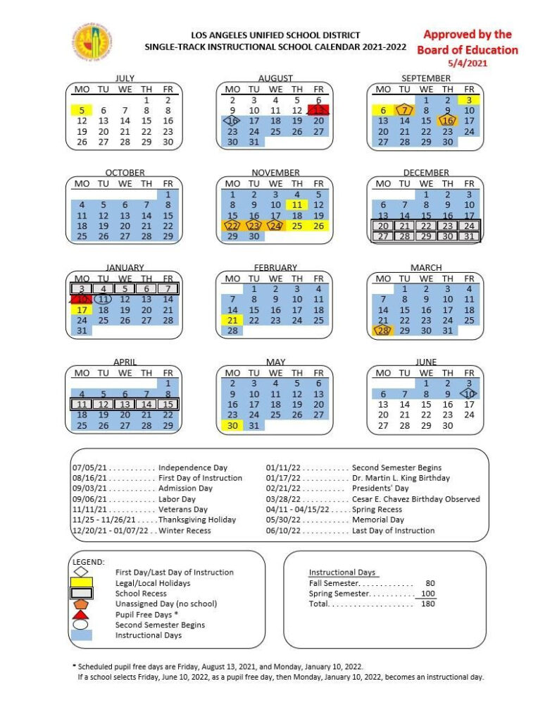 Los Angeles Unified School District Calendar 2021 And 2022 PDF 