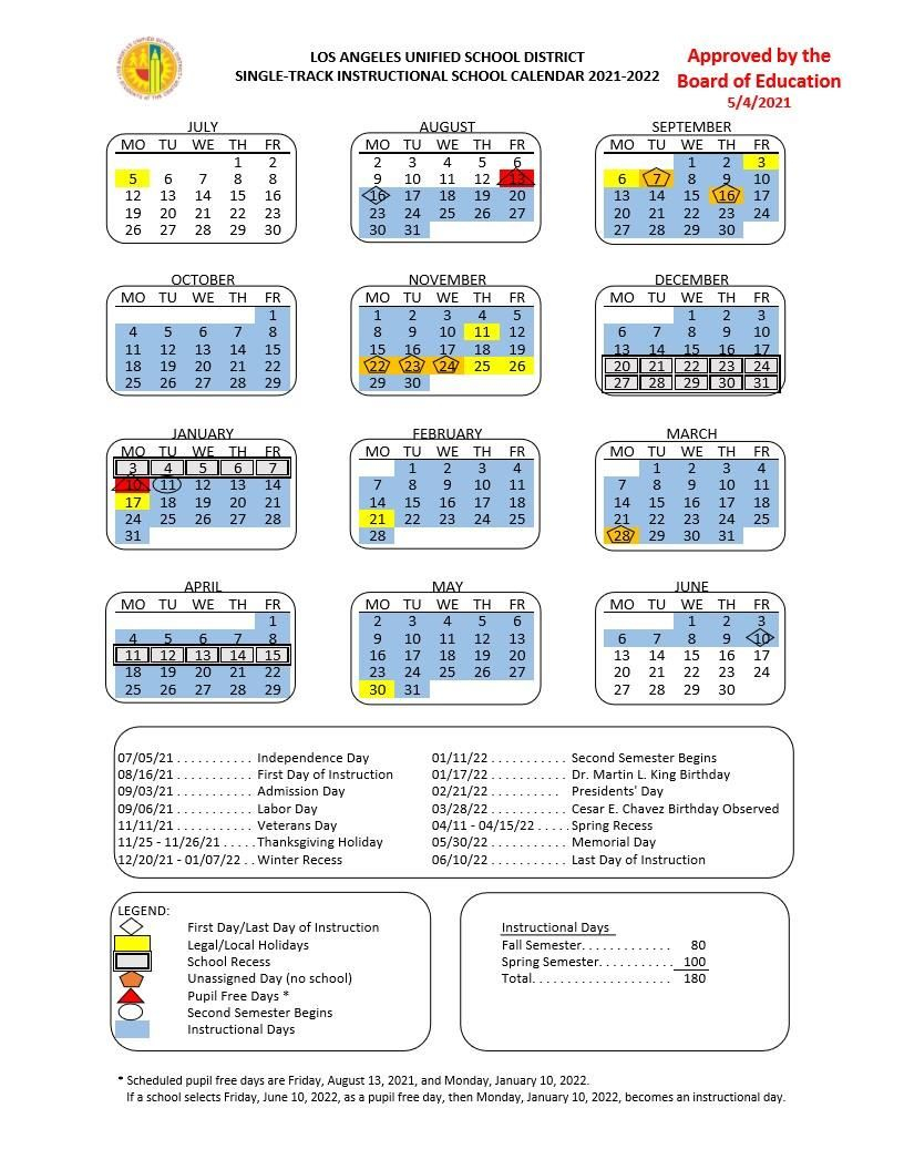 Los Angeles Unified School District Calendar 2022 2024