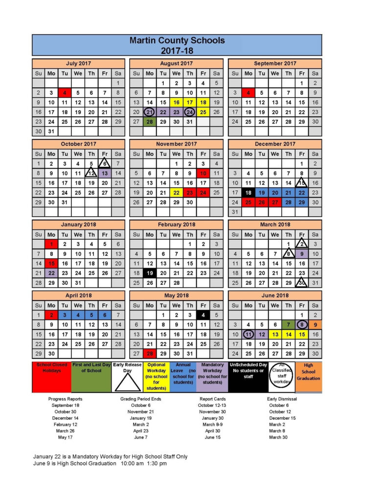 Martin County High School Calendar 2017 2018 Printable For No Charge 