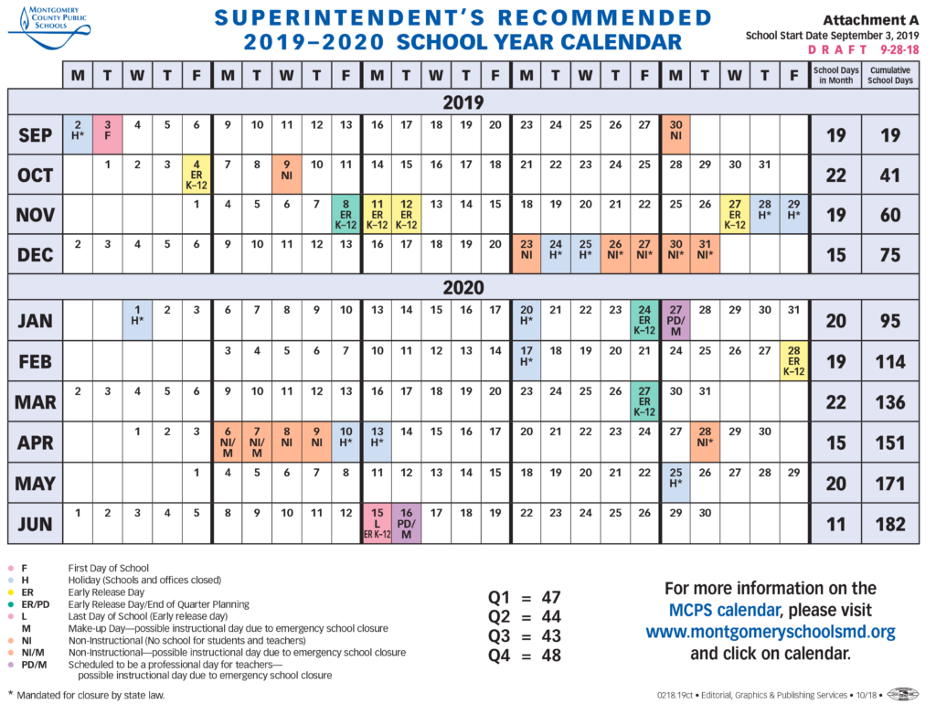 Montgomery County Public Schools Calendar 2019 School Calendar 