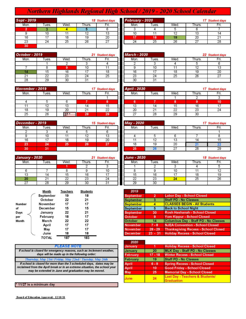 Northern Highlands Regional High School Calendar 2020 And 2021 