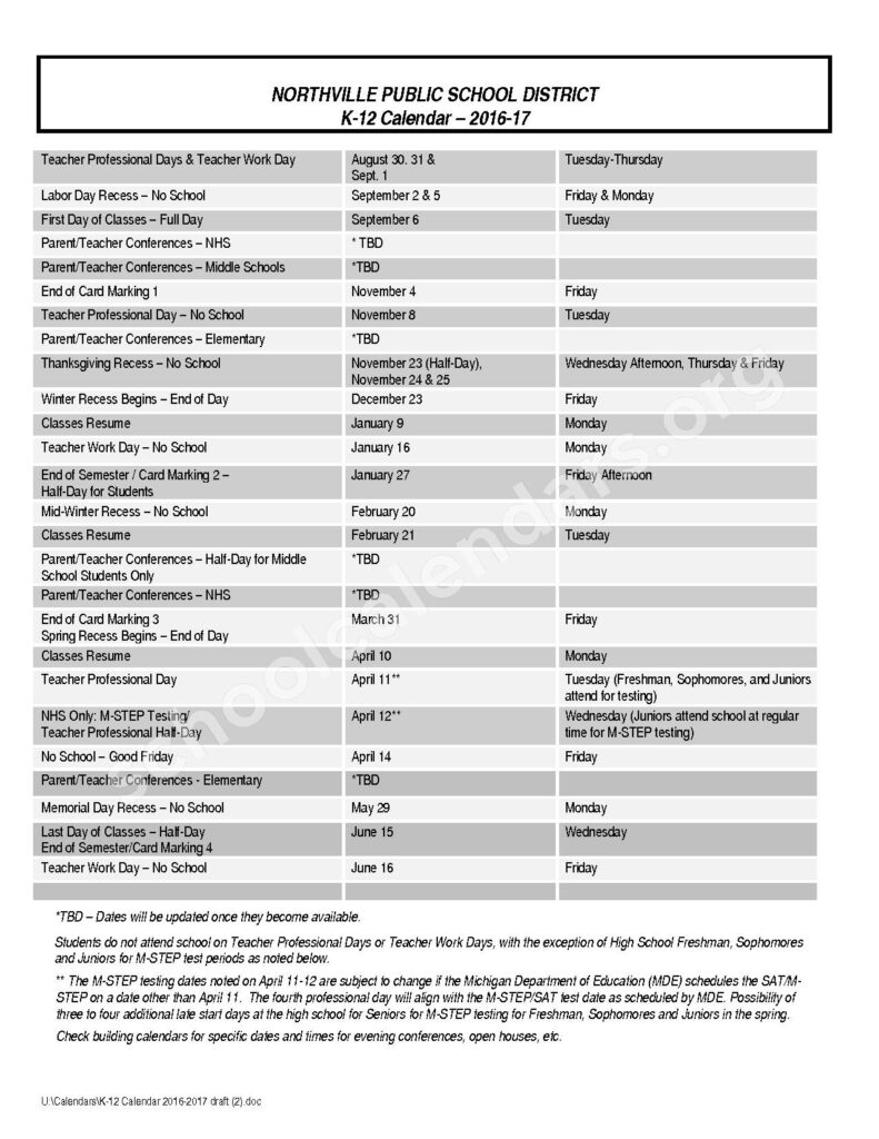 Northville Public Schools Calendars Northville MI