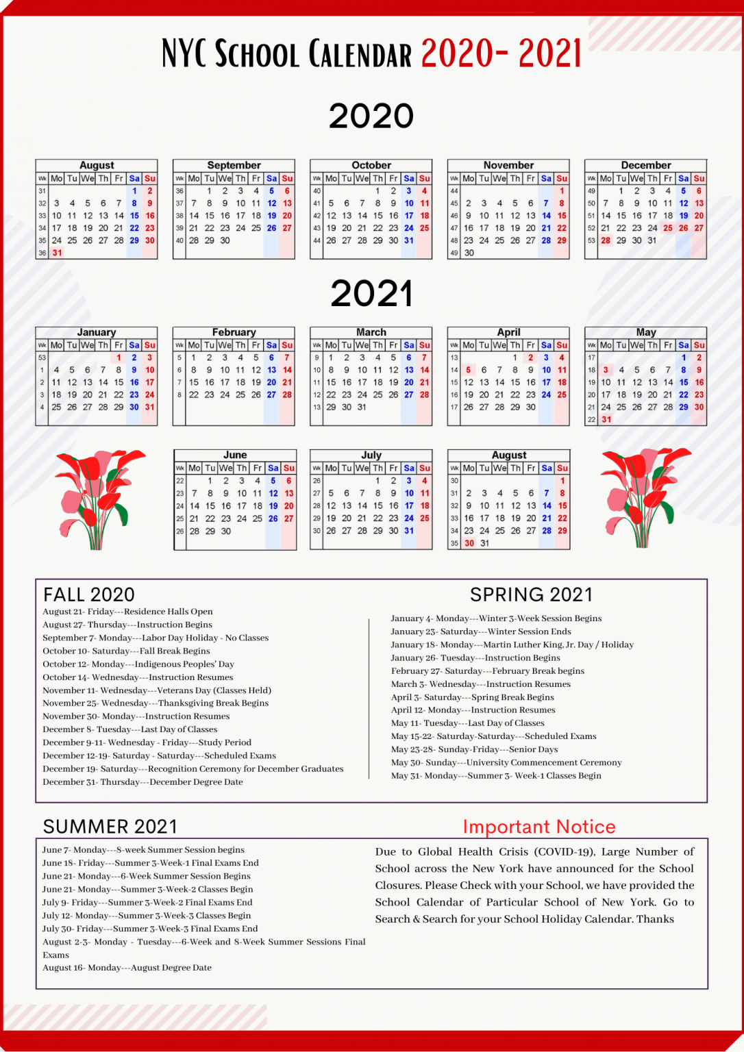 NYC School Holidays Calendar 2021 2022