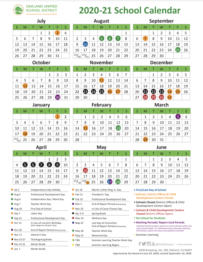 Oakland Unified School District Calendar 2020 2021 Printable 