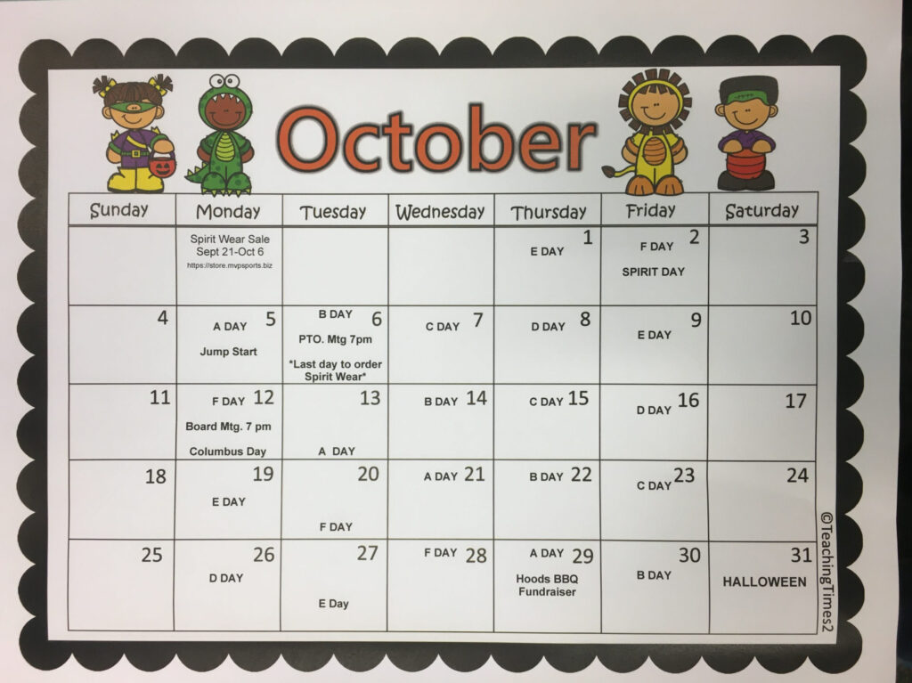 October Calendar Color Greenwood Elementary School