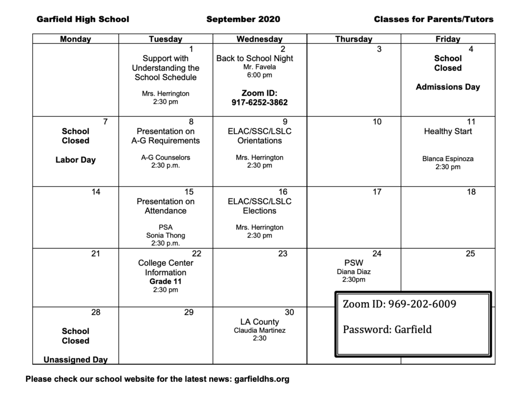 Parent Center Calendar Of Events Parent Center Garfield Senior High 