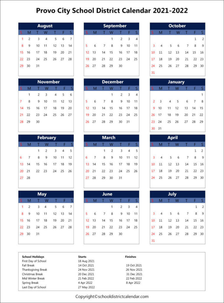 Provo City School District Calendar Holidays 2021 2022