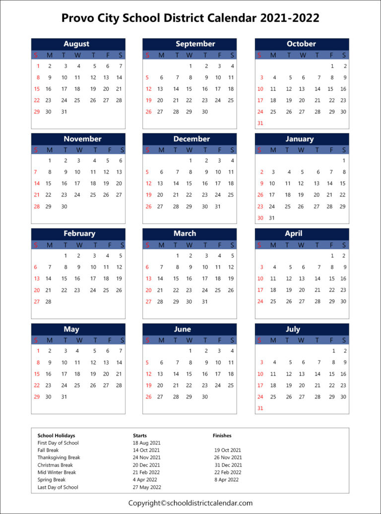 Provo City School District Calendar Holidays 2021 2022