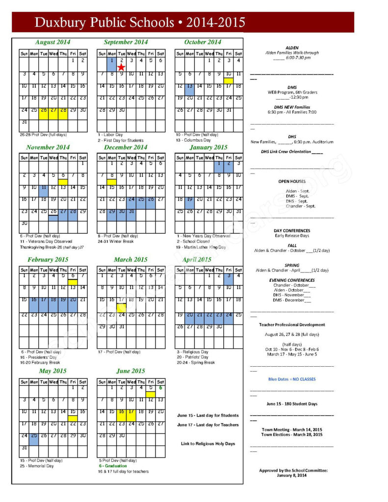 School Calendar 2014 2015 Duxbury Middle School Duxbury MA