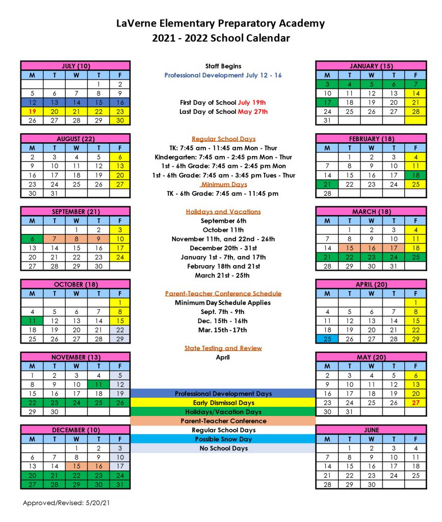 SCHOOL CALENDAR 2021 2022 Lepacademy