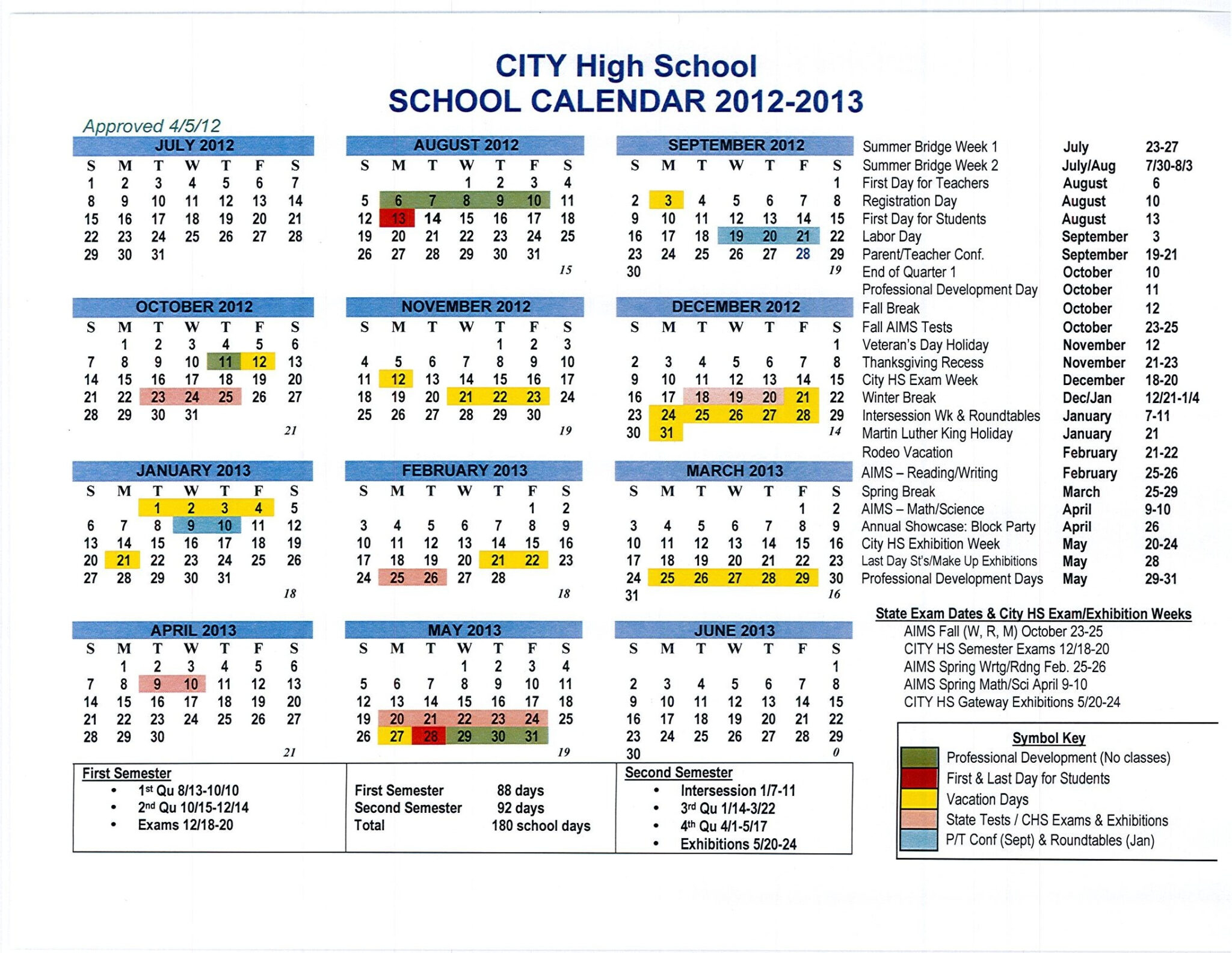 School Calendar Approved For 2012 13 A Charter High School