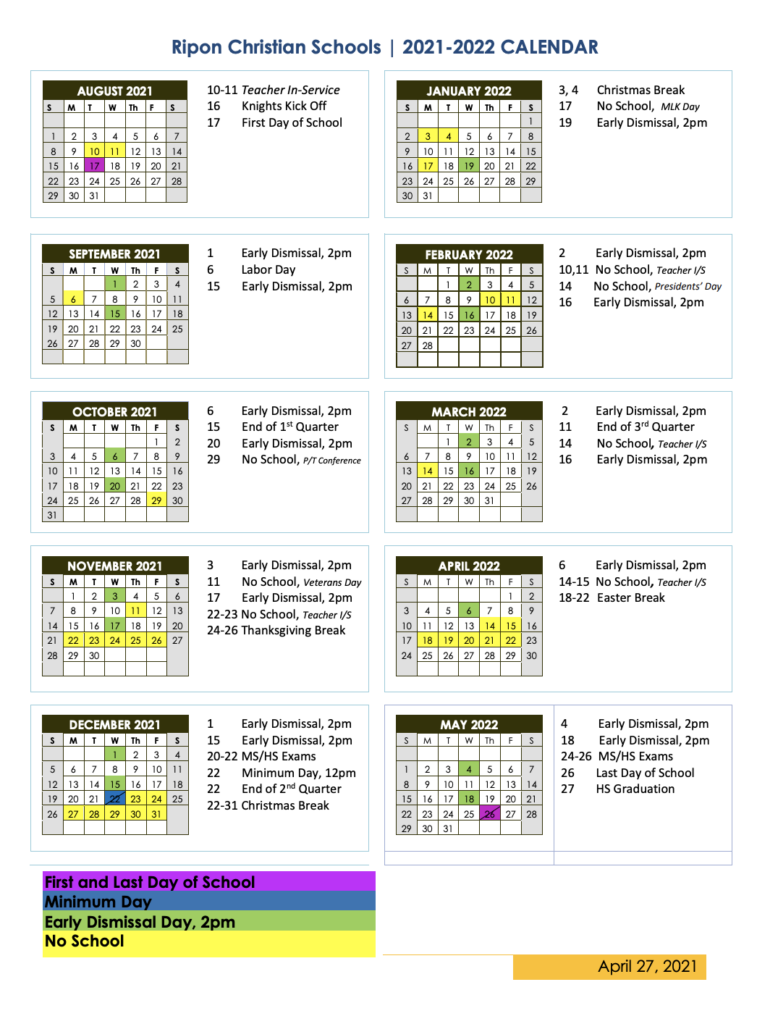 School Calendar Ripon Christian Schools