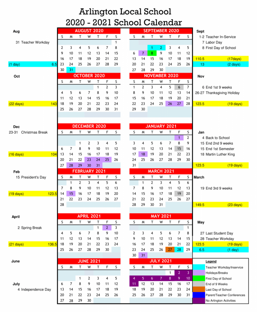 School Calendars Arlington Local Schools