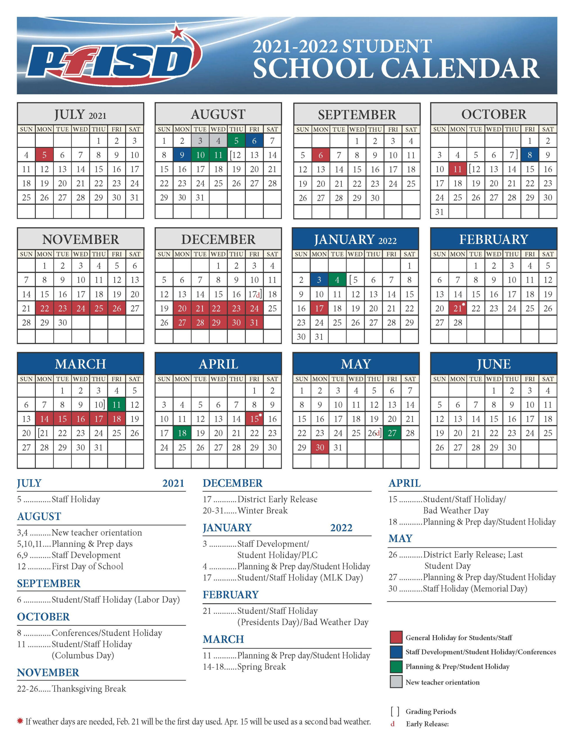 School Year Calendar 2021 2022 District Calendar