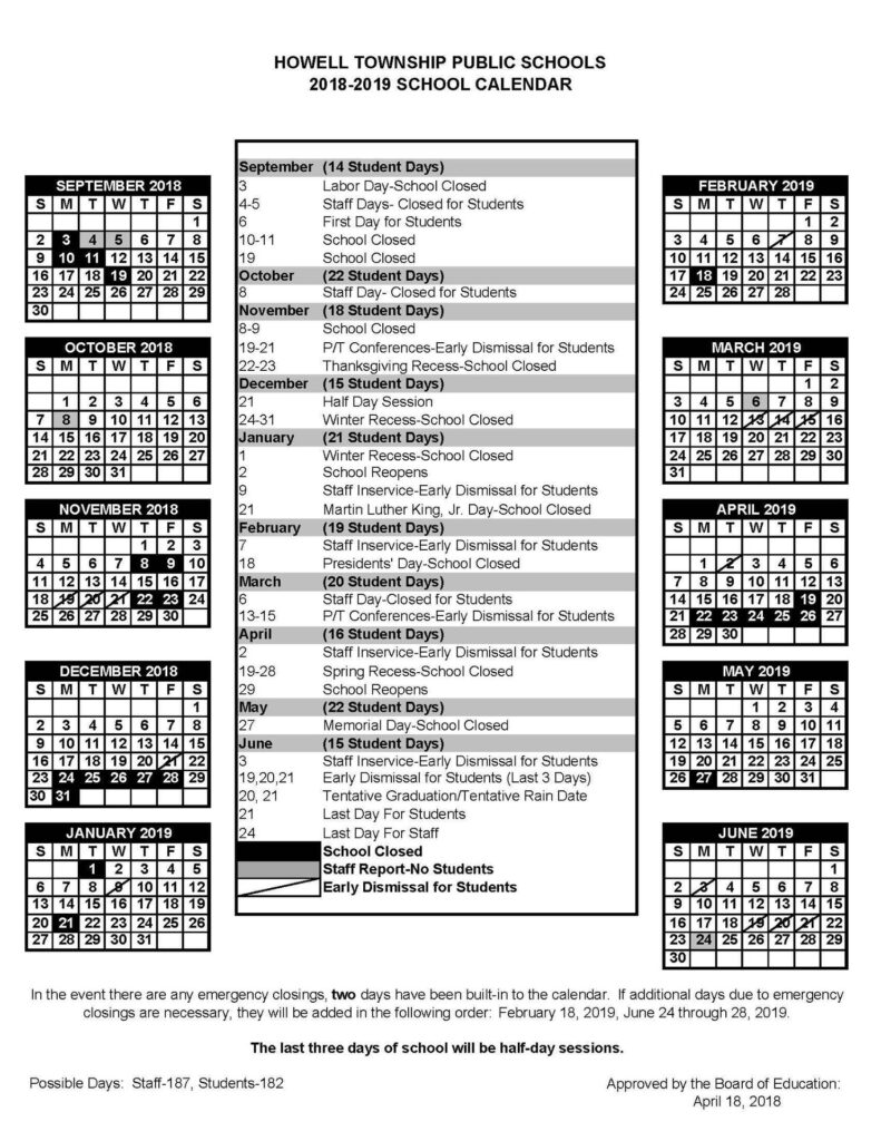 School Year Calendar Our District Howell Township Public Schools