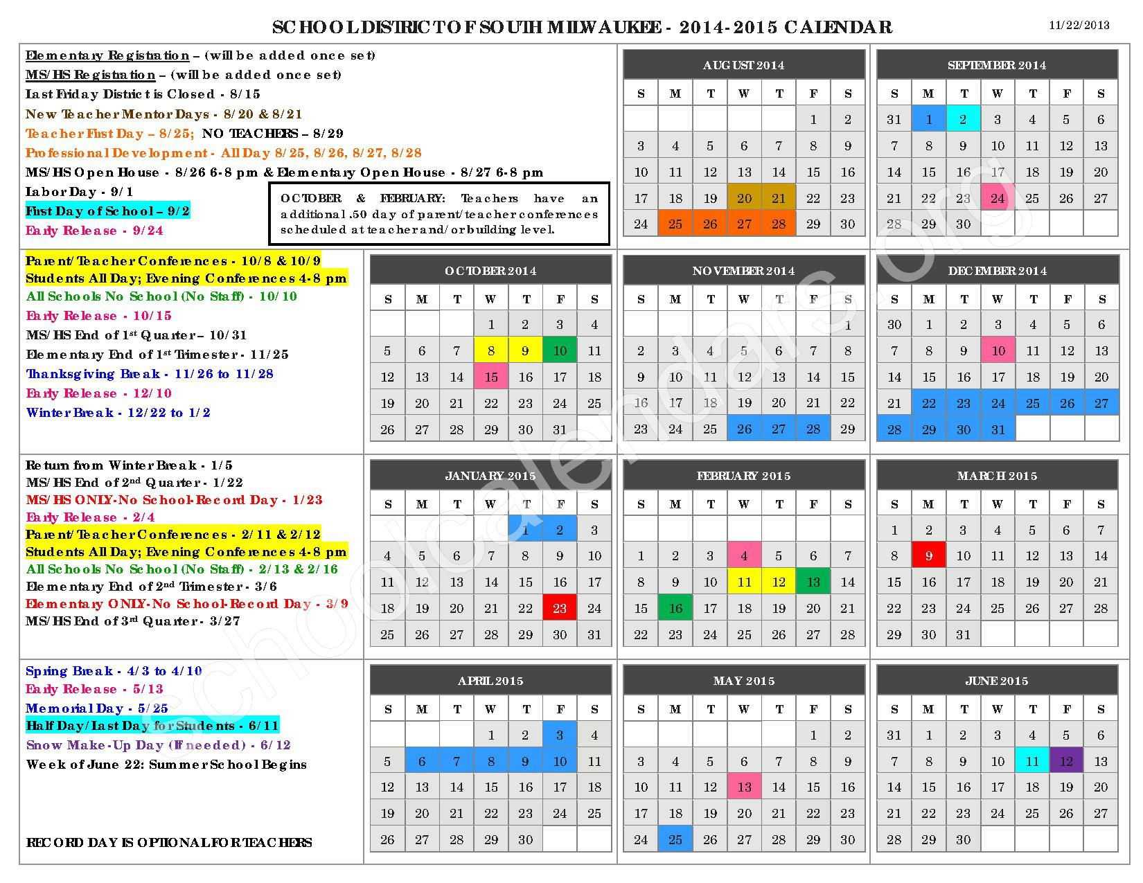 South Milwaukee School District Calendars South Milwaukee WI