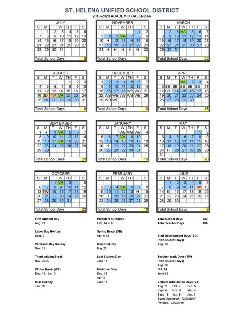 St Helena Unified School District Calendar 2020 And 2021 