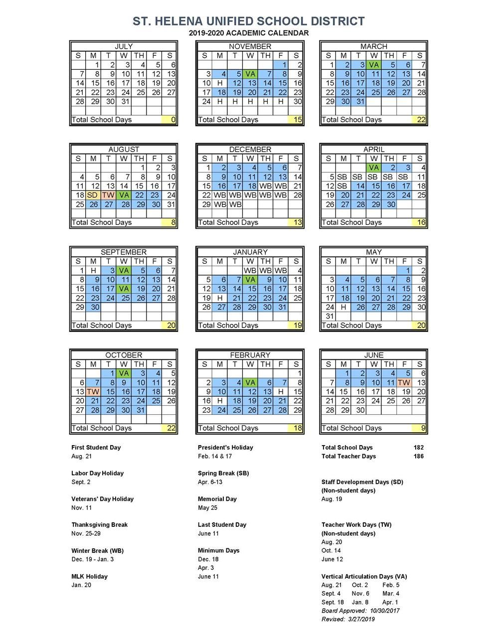 St Helena Unified School District Calendar 2020 And 2021