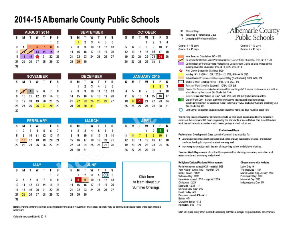 Stony Point Elementary School Calendars Keswick VA