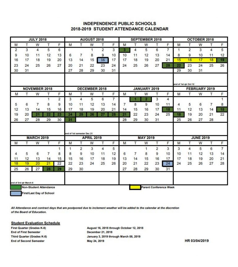 Student Calendar 2018 2019