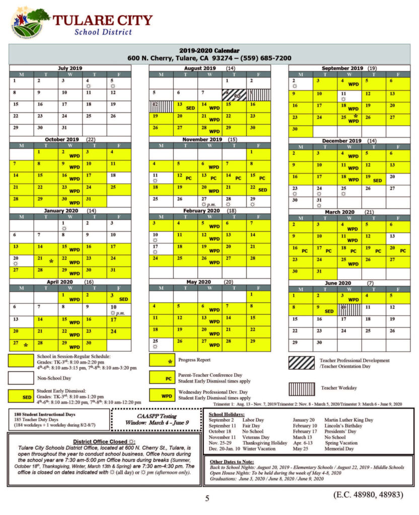 Tulare City School District Calendar 2020 2021 Printable Calendars 2021