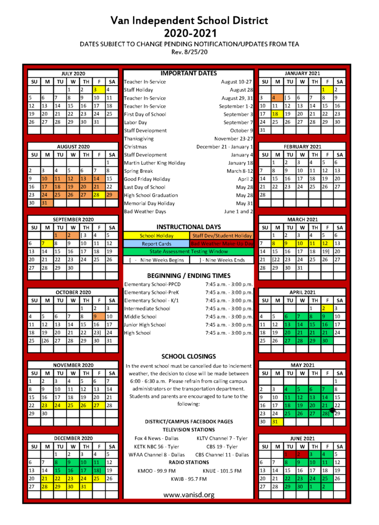 Van Independent School District Calendar 2021 And 2022 PublicHolidays