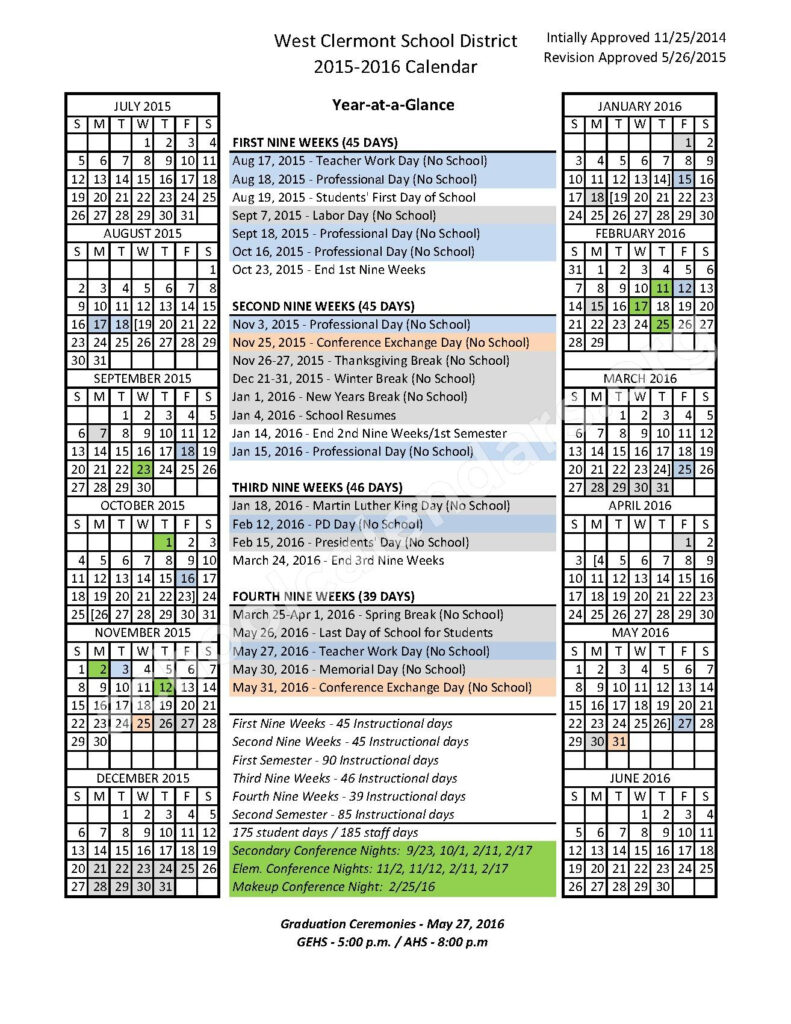 West Clermont Local School District Calendars Cincinnati OH