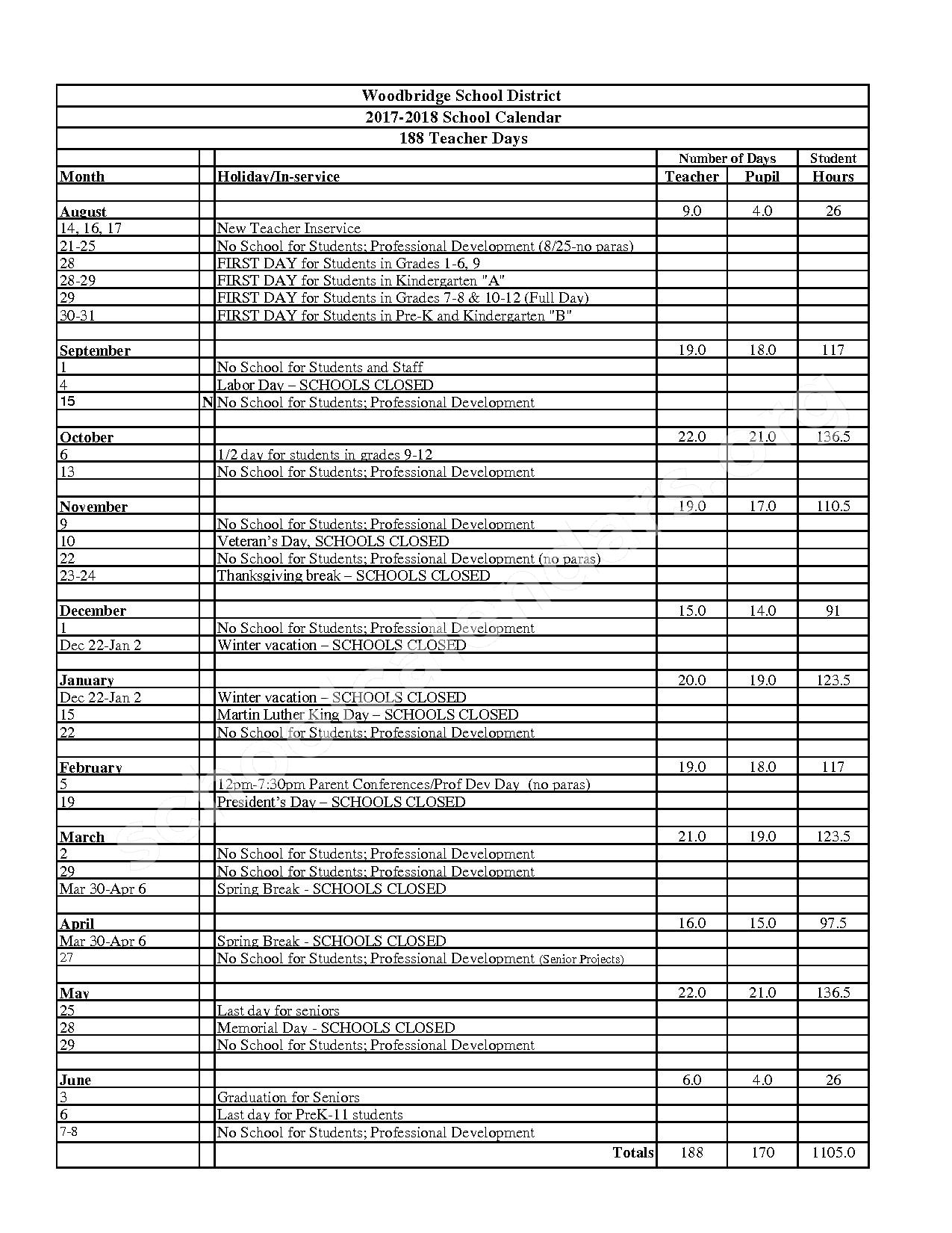 Woodbridge School District Calendar 2022