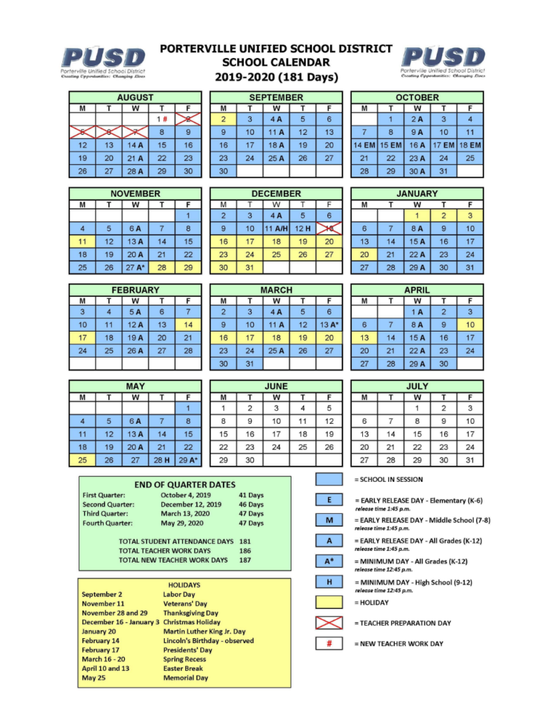 Yearly Calendar Calendars Porterville Unified School District 