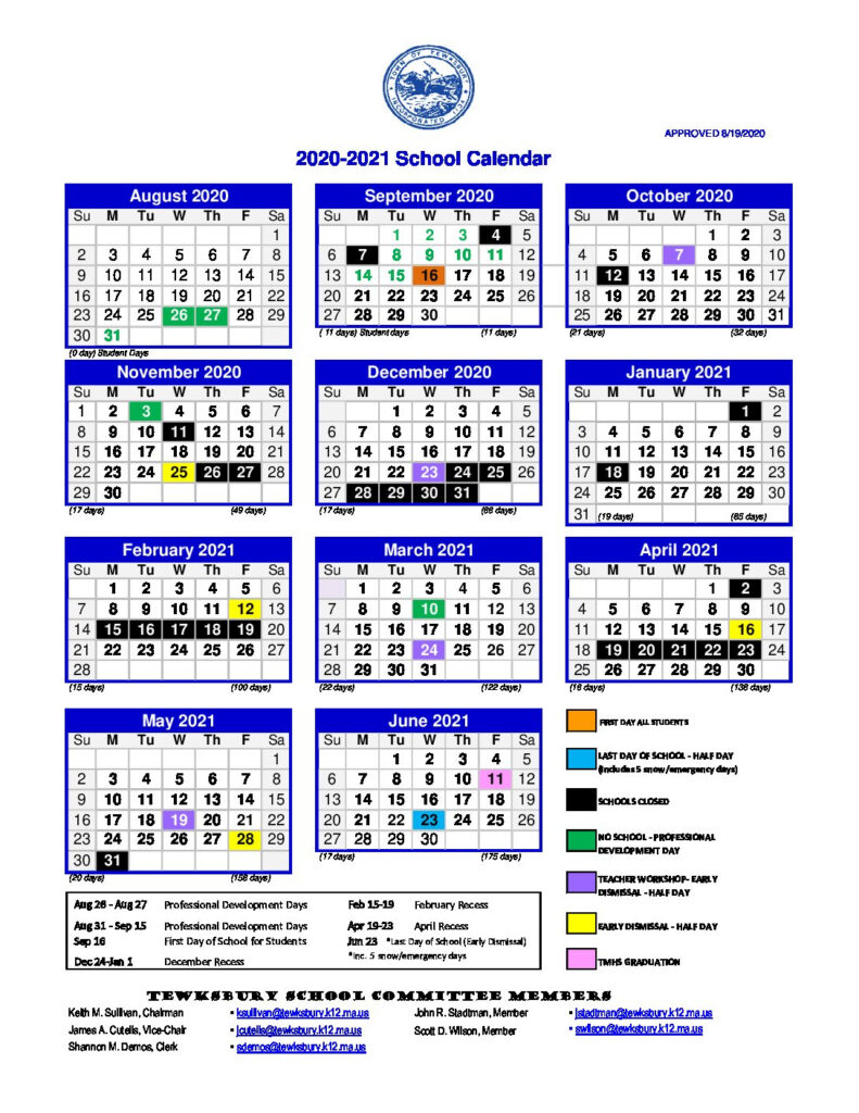 20 21 Calendar 10 29 2020 Tewksbury Public Schools